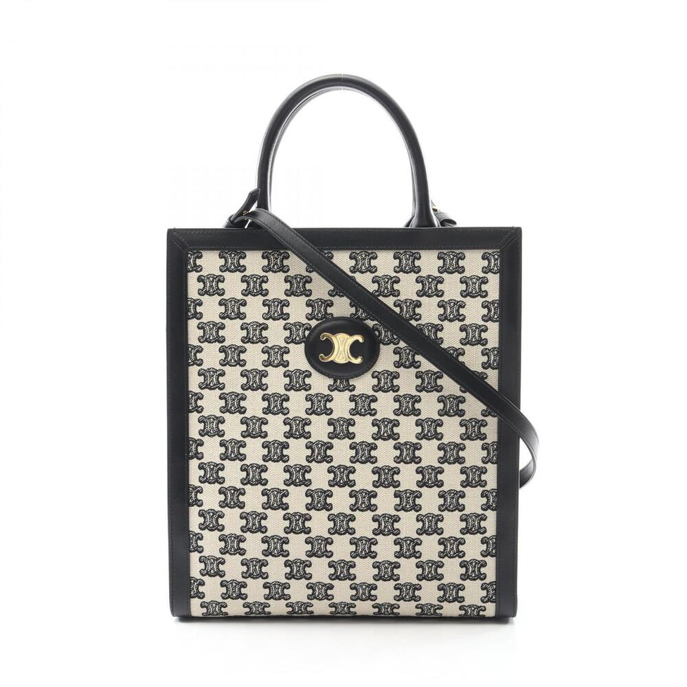 Celine Vertical Cabas Triomphe Tote Bag Canvas Leather White Black